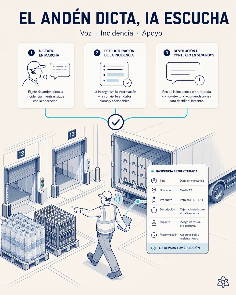 Jefe de andén de un centro de distribución con chaleco y auricular Bluetooth hablando mientras revisa palés de cajas de refresco junto a un camión en el muelle