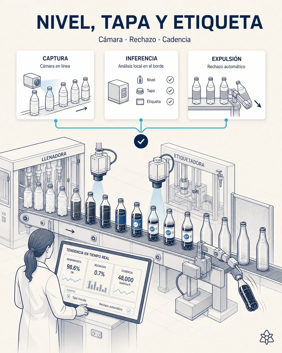 Cámara de visión artificial inspeccionando el nivel de llenado y la tapa de botellas de refresco a la salida de la llenadora-taponadora