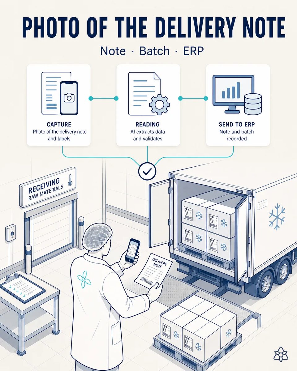 Receiving lead photographing the delivery note with a phone in front of an open refrigerated truck with labeled boxes and a pallet of frozen raw material on the dock