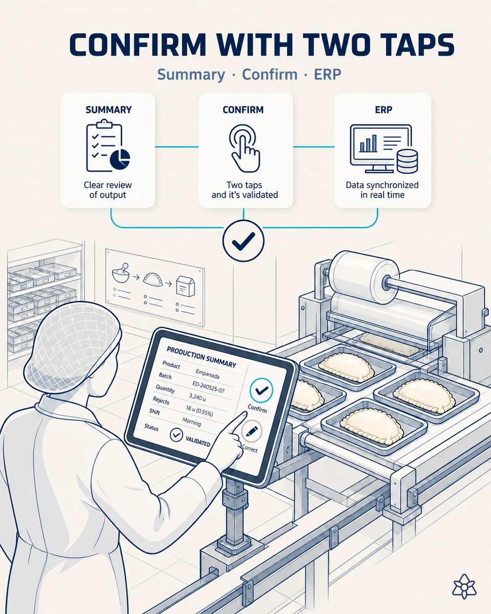 Operator confirming on an industrial tablet the production summary of an empanada batch, with trays passing under the film reel of the modified-atmosphere packer alongside