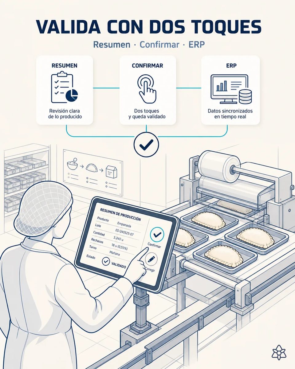 Operaria confirmando en una tableta industrial el resumen de producción de un lote de empanadas, con las bandejas pasando bajo la bobina de film de la envasadora al lado