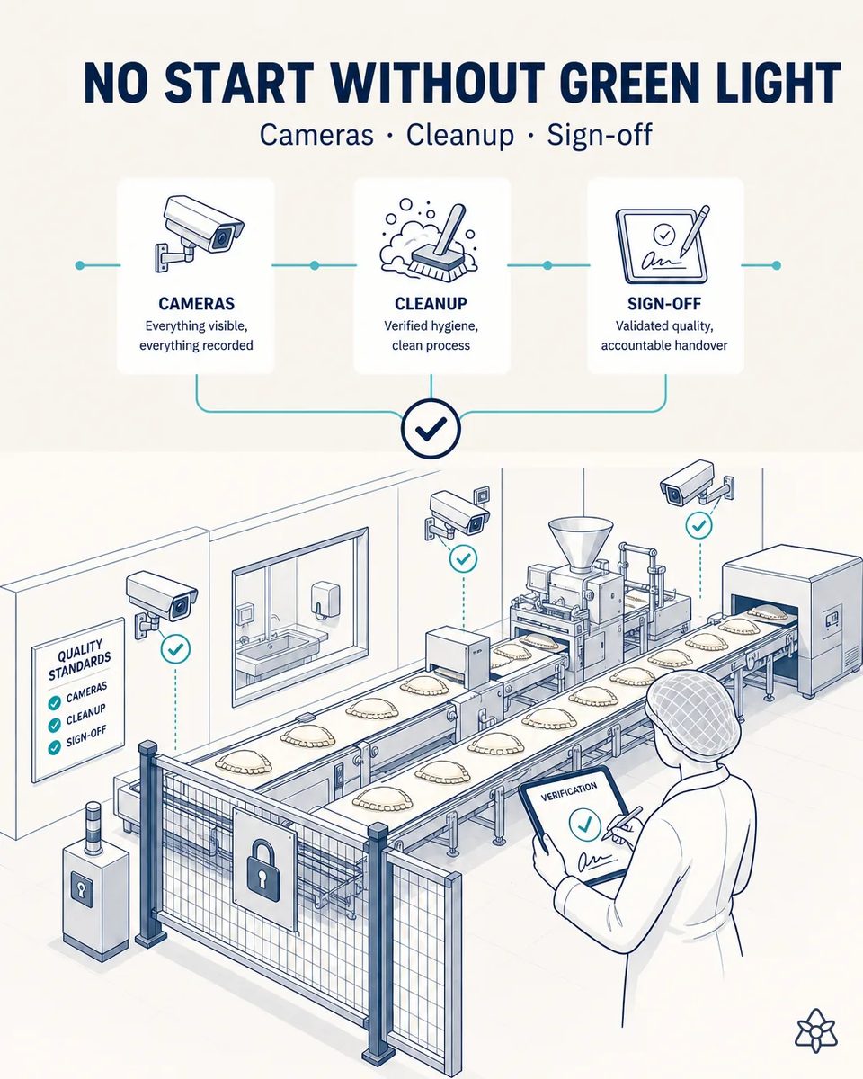 Edge cameras over the doser, the forming conveyor and the handwash station checking cleanliness after a formula change, with the line locked behind a guard and a supervisor signing on a tablet