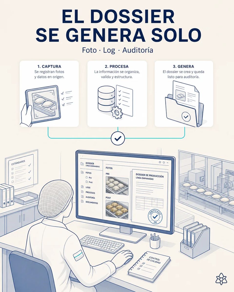 Responsable de calidad revisando en el ordenador el dossier de un cambio de fórmula, con fotos pre y post de las bandejas, el log de firmas y la línea de empanadas visible tras el cristal