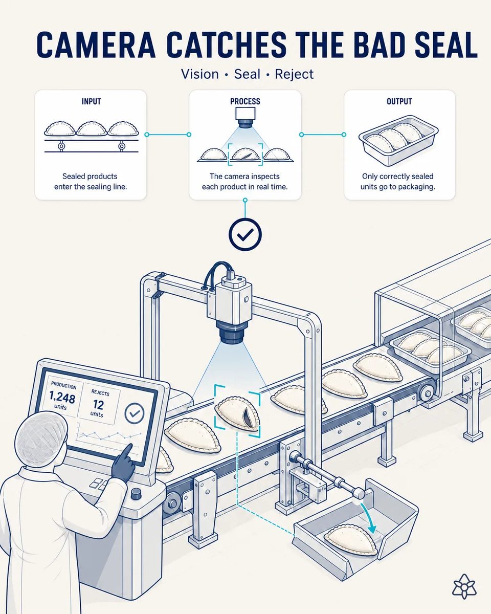 Machine vision camera over the forming conveyor spotting an empanada with an open crimp and pushing it into a reject bin, while the rest travel on toward the trays