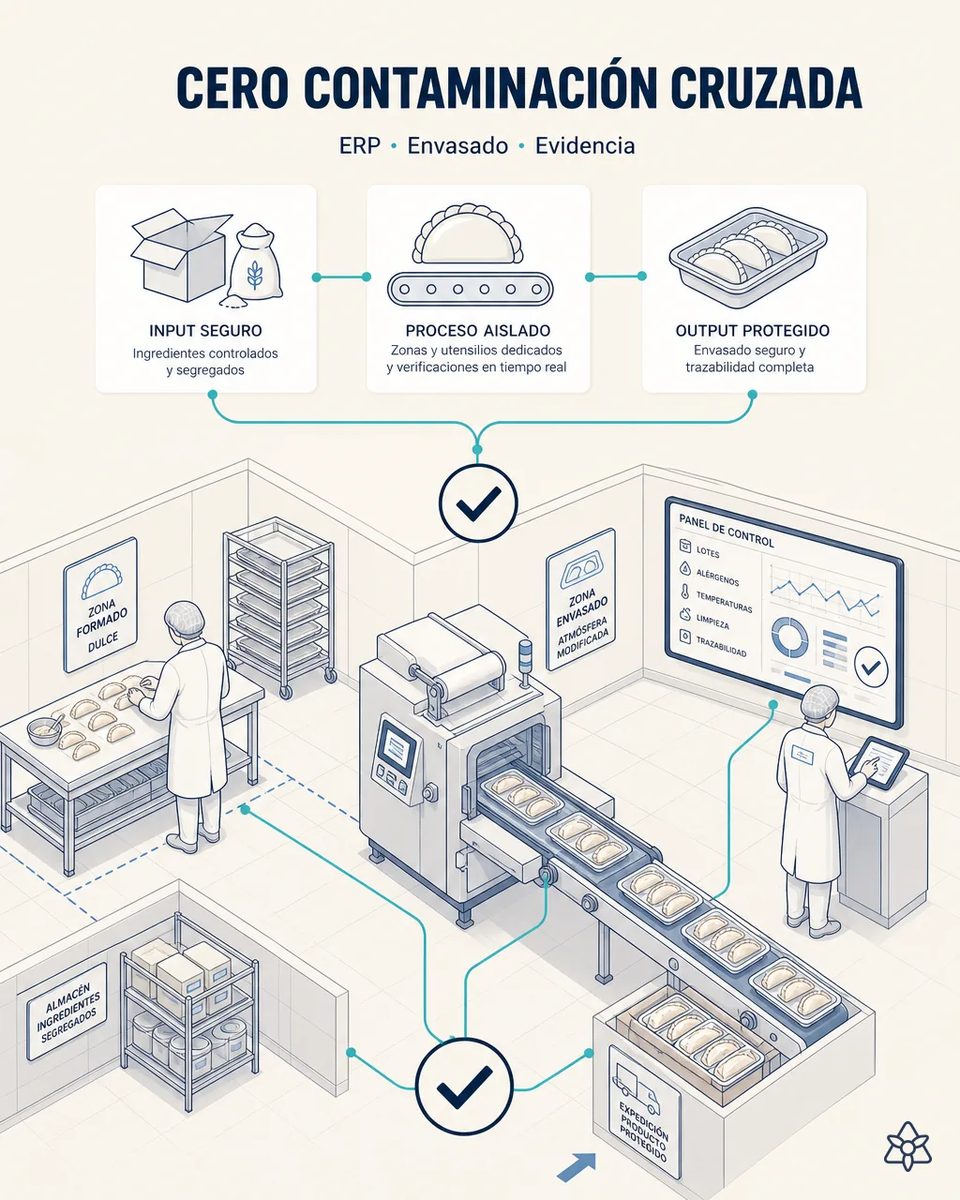 Vista general de una fábrica de empanadas con la zona de formado segregada, la envasadora en atmósfera modificada, el almacén de ingredientes separado y un panel de control de lotes y alérgenos
