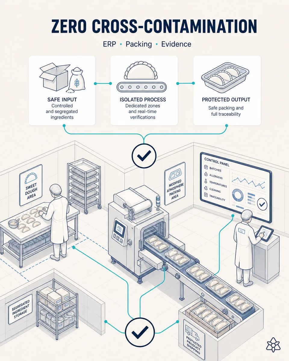 Overview of an empanada plant with the sweet dough area, segregated ingredient storage, the modified-atmosphere packing area and a control screen showing batches, allergens and cleaning status