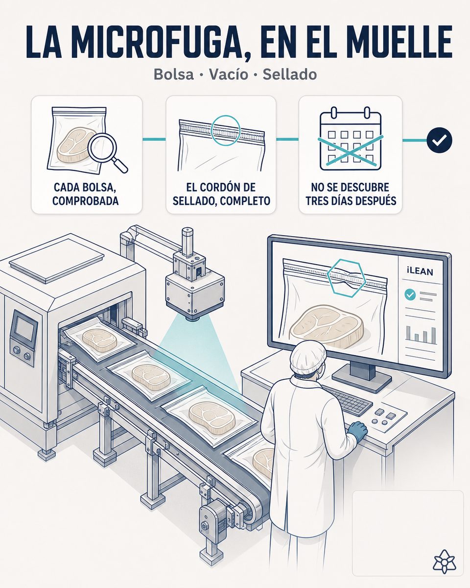 Salida de termoselladora cárnica con cámara iLEAN Edge sobre las bolsas al vacío, expulsor lateral, operario supervisando — detección de fugas con IA