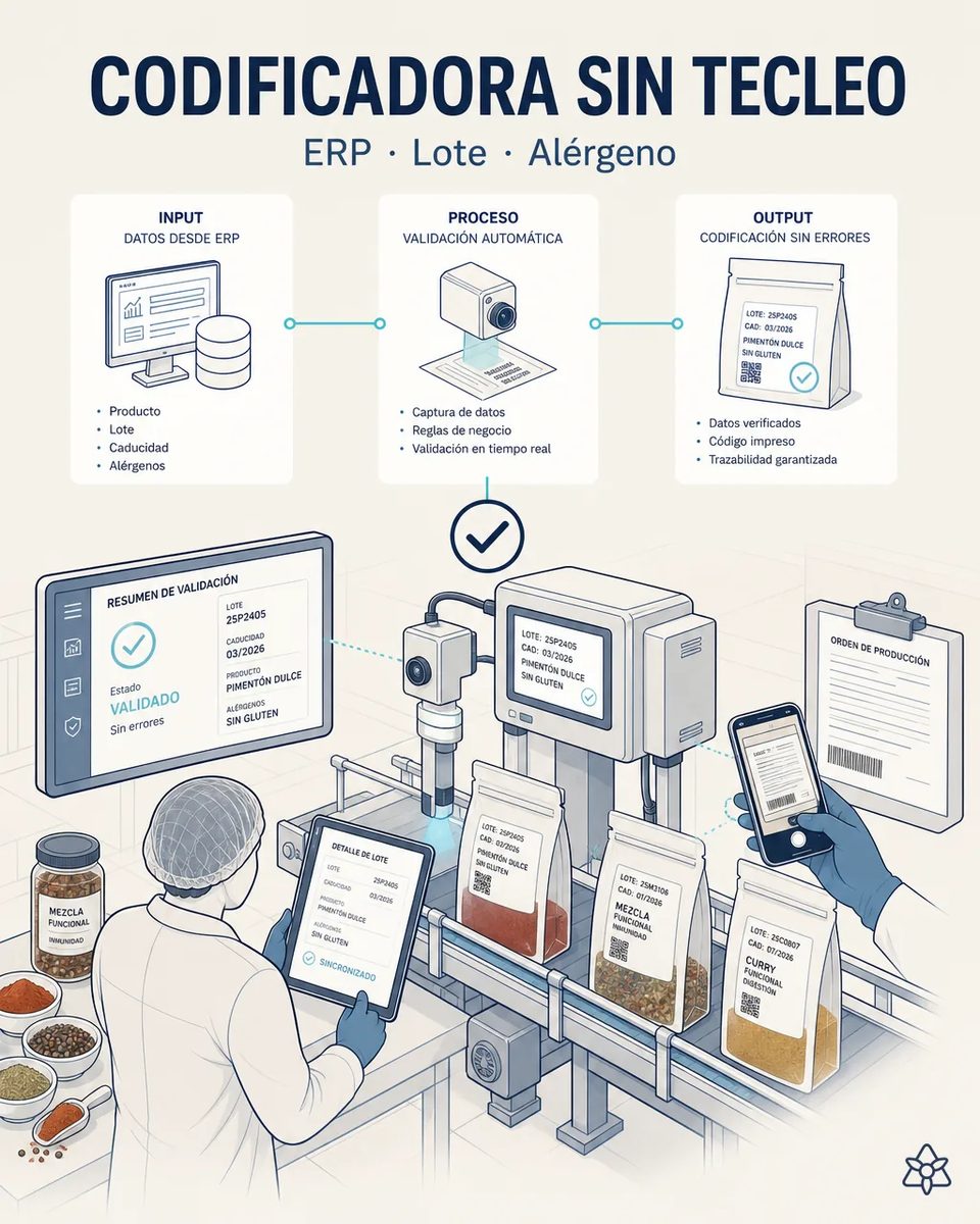 Codificadora imprimiendo lote, caducidad y alérgenos en bolsas de pimentón dulce y mezclas funcionales sobre la cinta de envasado, con pantalla de validación y tableta sincronizada con el ERP