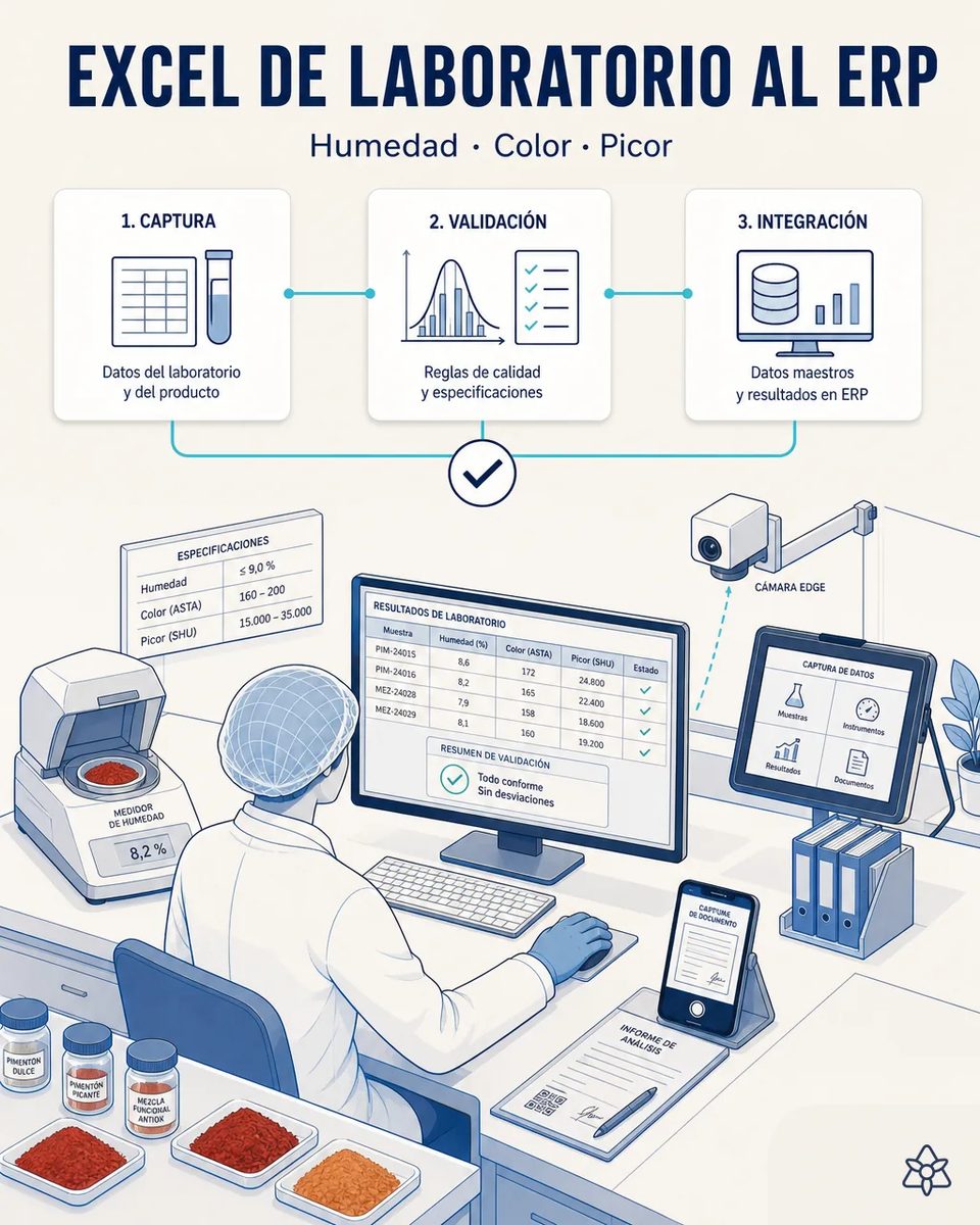 Técnica de laboratorio ante una pantalla con la tabla de resultados de humedad, color ASTA y picor SHU por muestra, con medidor de humedad, bandejas de pimentón dulce y picante y el informe de análisis
