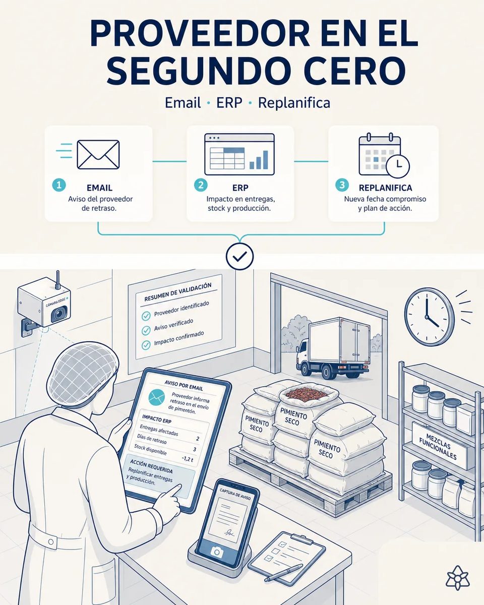 Responsable de planta revisando en una tableta el aviso de retraso de un proveedor y su impacto en el ERP, con palés de sacos de pimiento seco, un camión en el muelle y estantería de mezclas funcionales