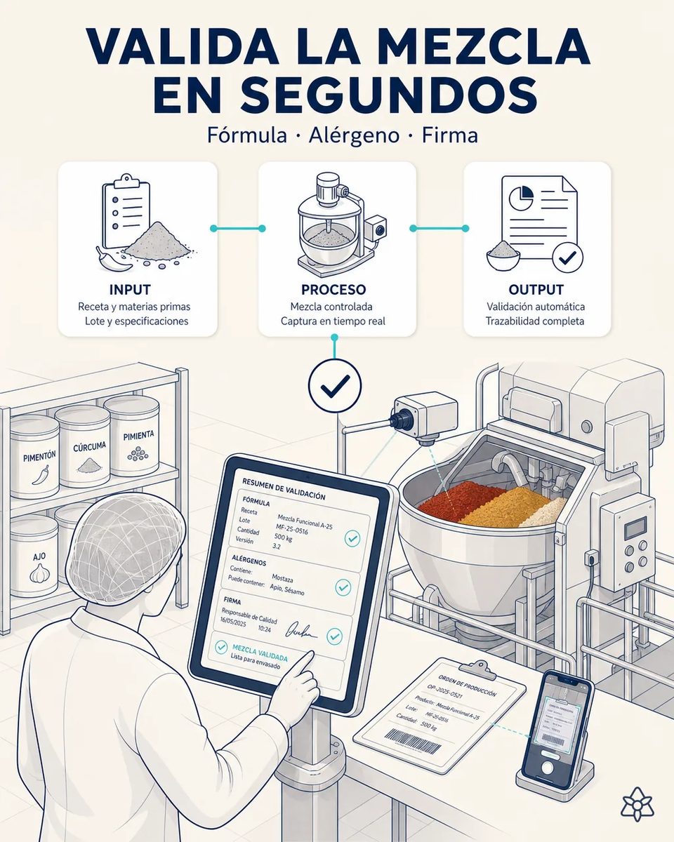 Responsable de calidad validando en una tableta a pie de mezcladora el resumen de fórmula, alérgenos y firma antes del envasado, con botes de pimentón, cúrcuma, pimienta y ajo en la estantería