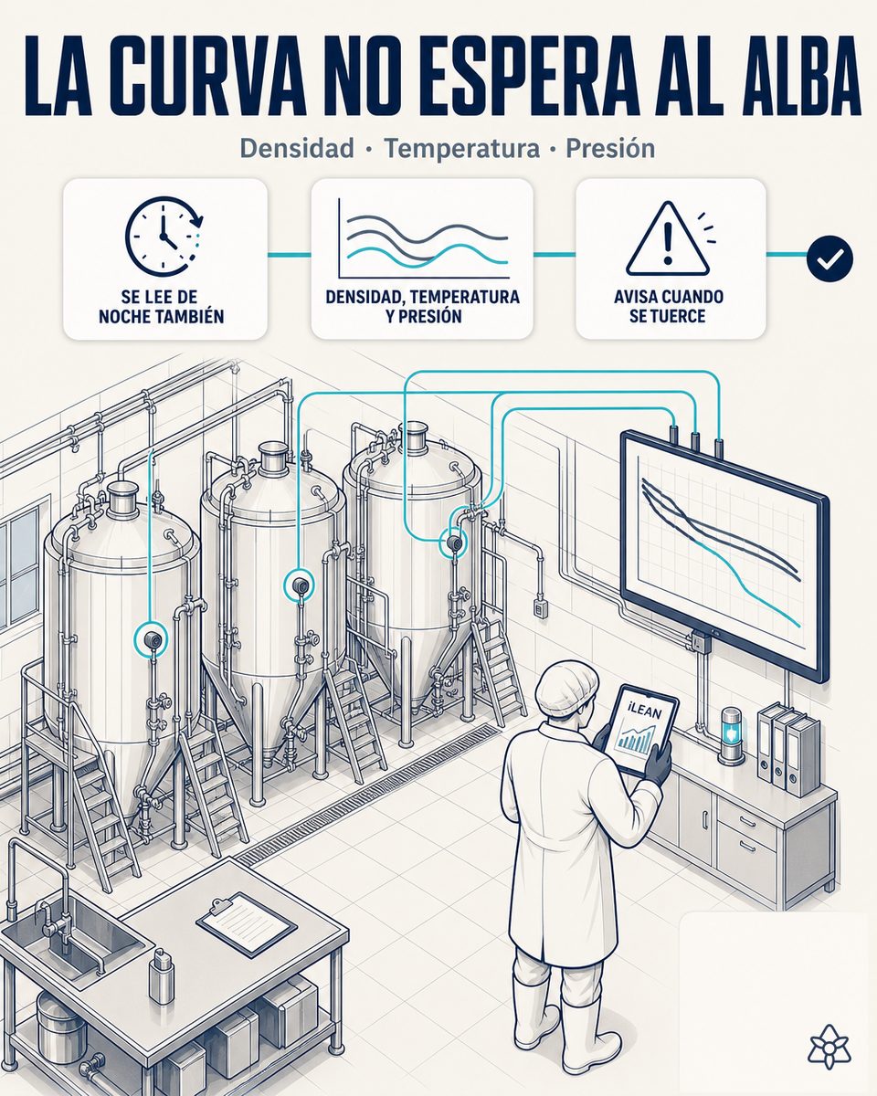 Sala de fermentación de cervecería con cubas cilindrocónicas, maestro cervecero leyendo curva en tablet con iLEAN — control IA de fermentación