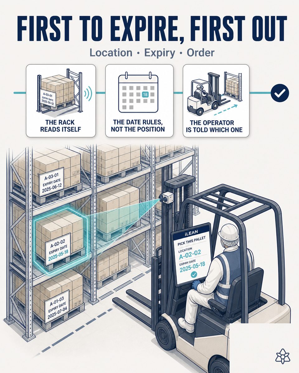 Food warehouse aisle with multi-SKU racking and a forklift driver holding an RF terminal — FEFO picking order driven by iLEAN from expiry date and rotation