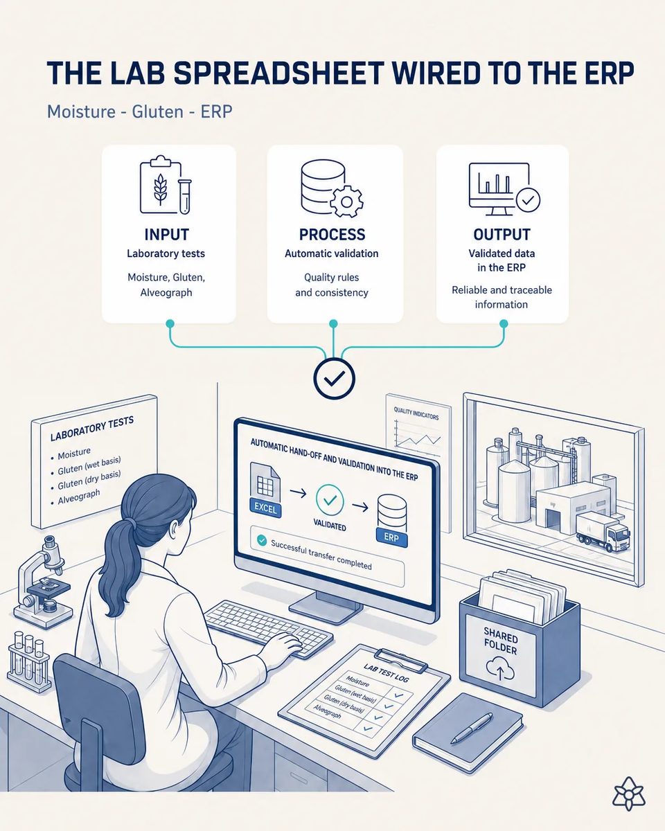 Lab technician at a computer sending the laboratory test spreadsheet with moisture, gluten and alveograph values to the ERP, with a microscope, test tubes and the lab log on the desk