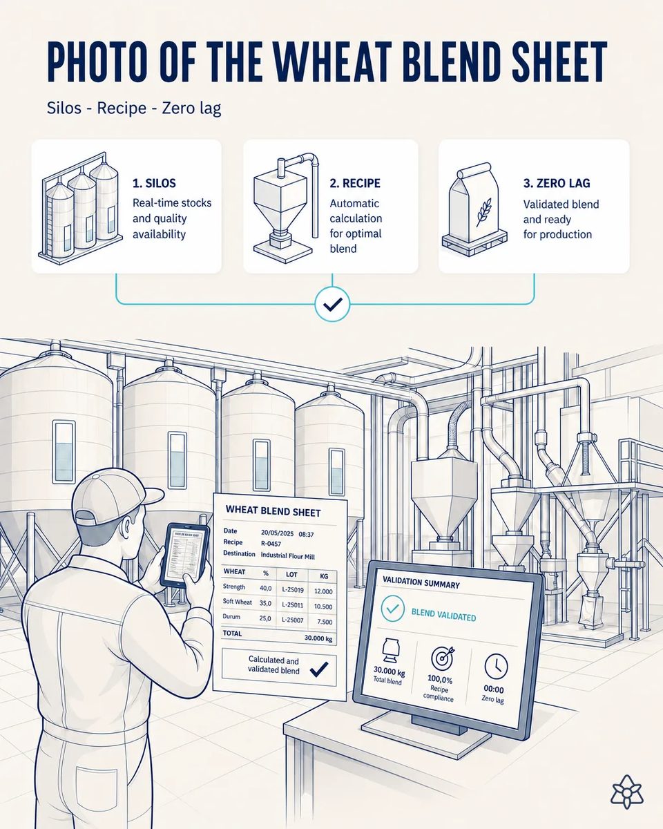 Miller photographing the wheat blend sheet with a phone in front of the storage silos, while a screen beside him shows the validation summary confirming the blend