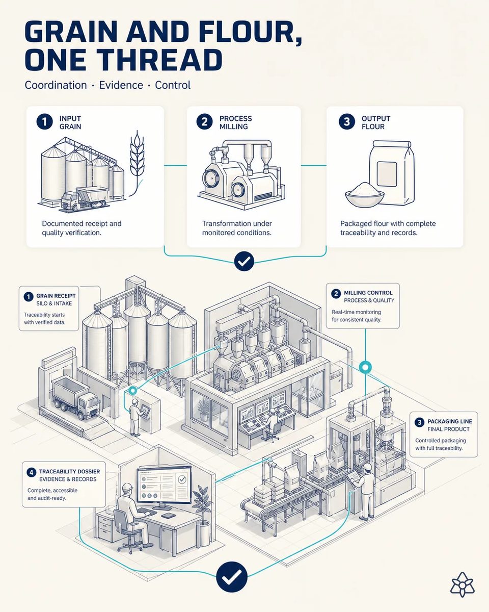 Isometric view of a flour mill from wheat receiving silos and truck through the milling building to the bagging line and the traceability dossier station, connected by a single thread