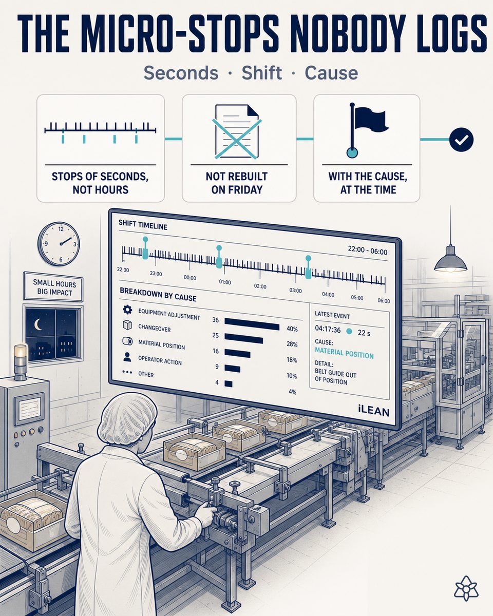 Food packing line with a panel showing live OEE calculated by iLEAN — 24/7 OEE with AI