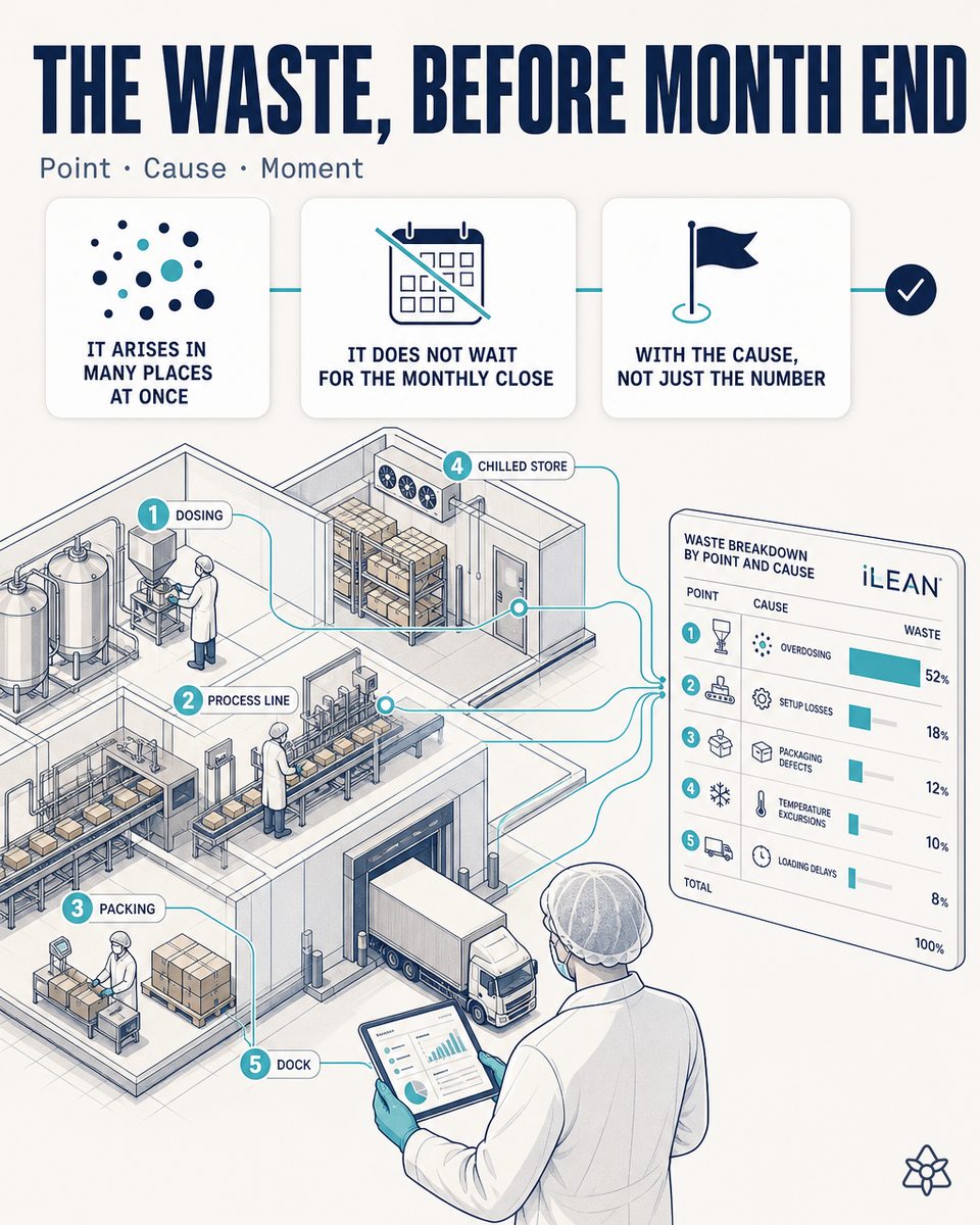 Food plant operator logging kilos of trim by voice next to a connected scale — production waste and food waste management with iLEAN AI