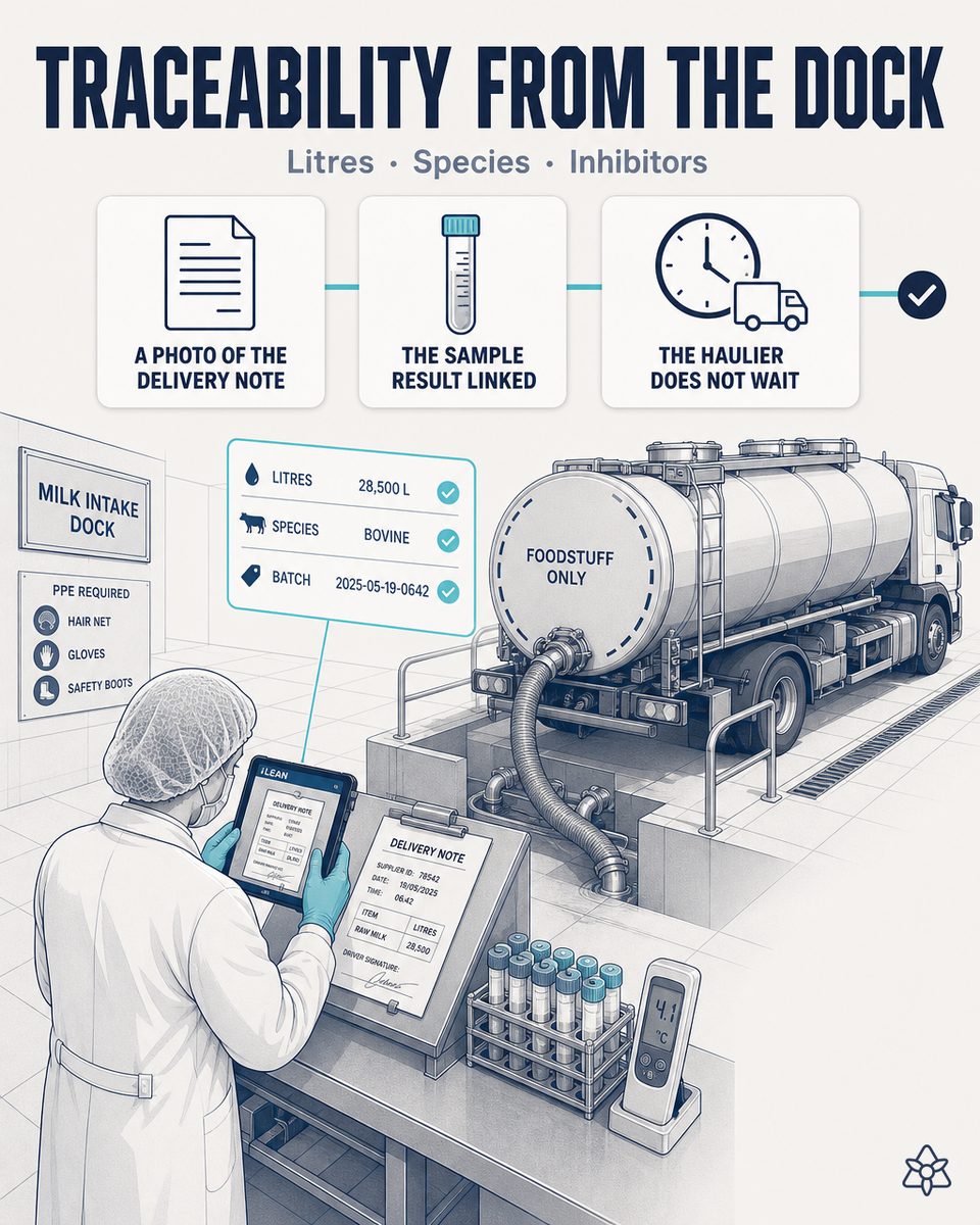 Receiving manager of a dairy photographing the transport delivery note and the inbound test bulletin of a milk tanker with the tablet, while iLEAN Connect prepares the ERP feed