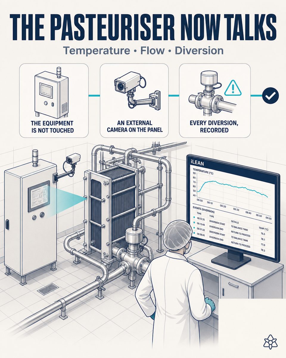 Wet-area-rated iLEAN Connect industrial camera mounted in front of a dairy's HTST pasteurizer panel, reading each batch's outlet temperature, flow rate and flow diversion events without connecting to the equipment