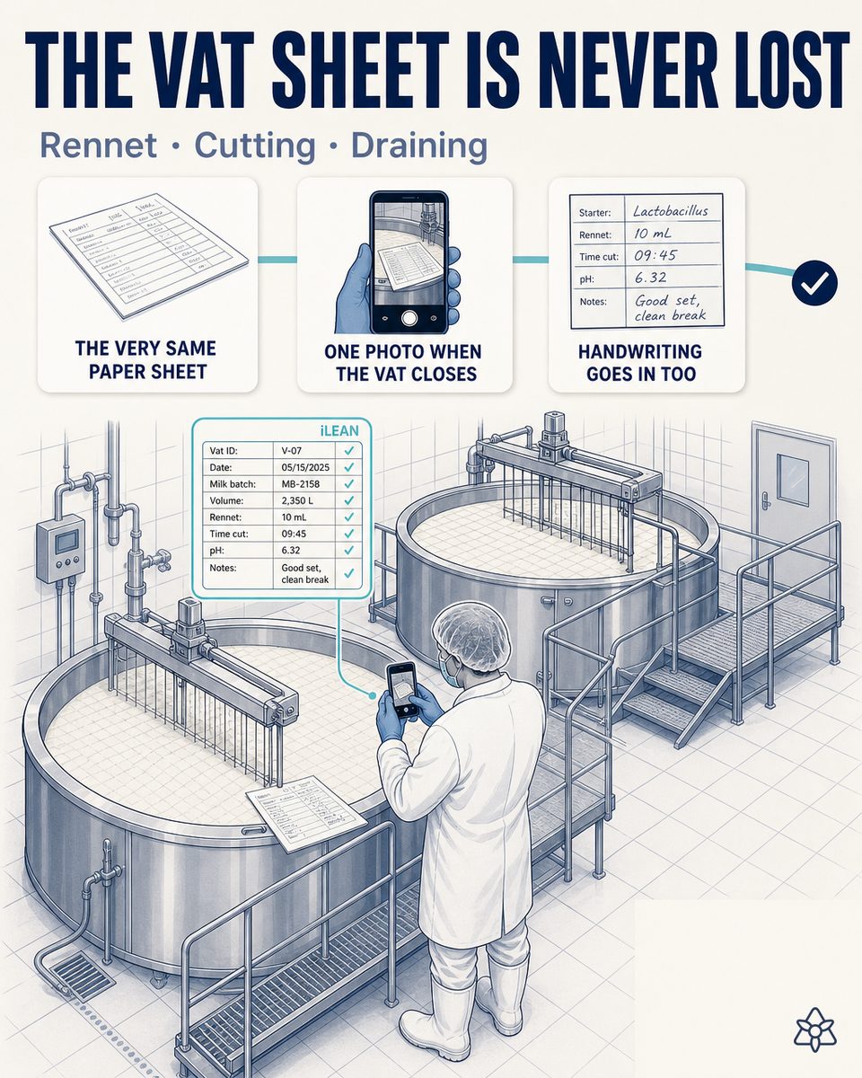 Master cheesemaker of a fresh cheese plant photographing the handwritten vat sheet with the industrial tablet when opening the vat — Connect extracts liters, blend, rennet, temperature and pH and leaves them in central memory at second zero