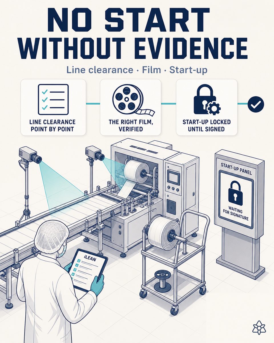 Edge cameras verifying the critical points of the variety changeover on a fresh cheese line — mounted film reel, signage and sealer head — with the startup blocked until conformity and quality's signature