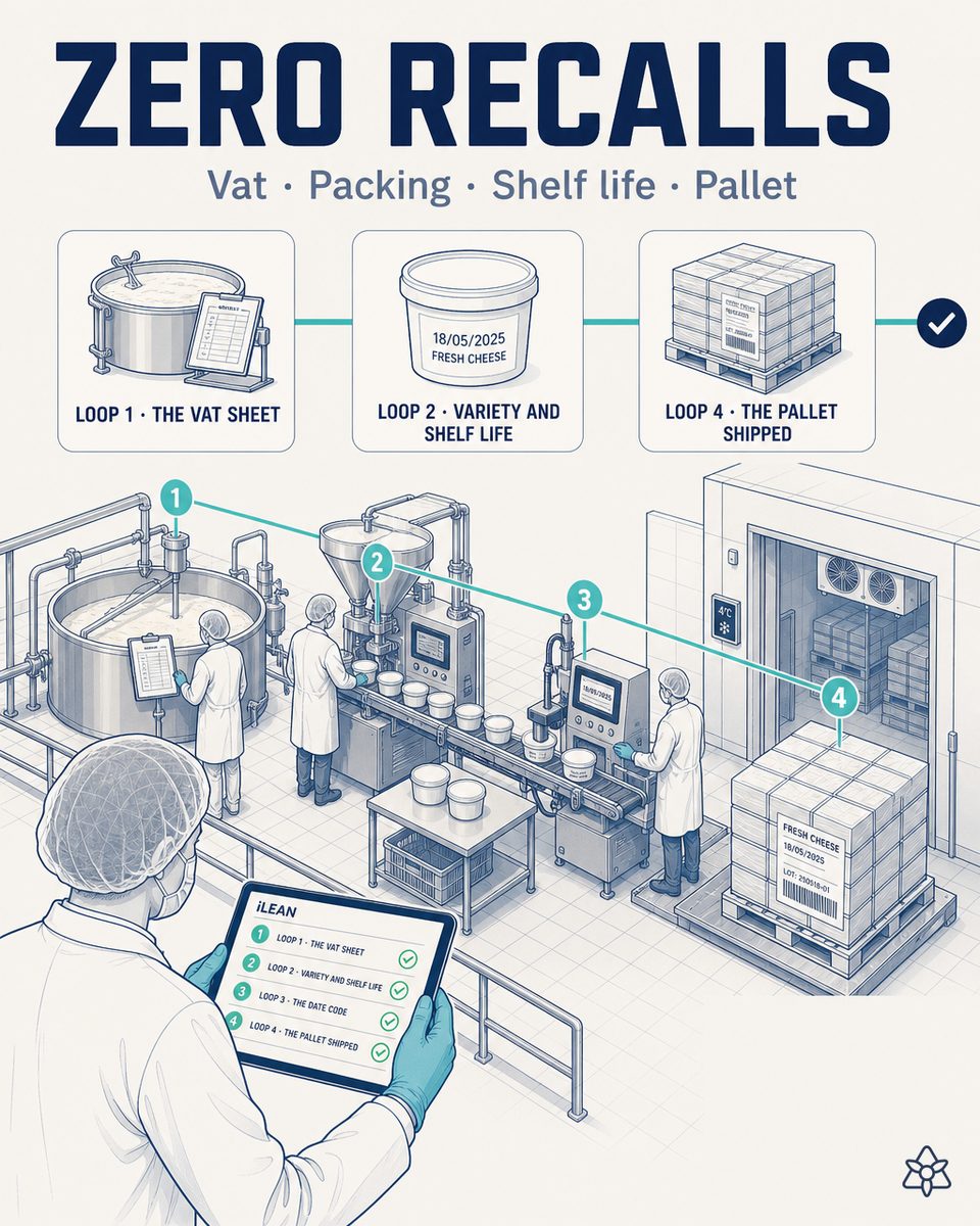 Control room of a fresh cheese dairy with the four cross-checked iLEAN verification rings — origin, signature, line and evidence — over the complete flow from the vat sheet to the shipped pallet