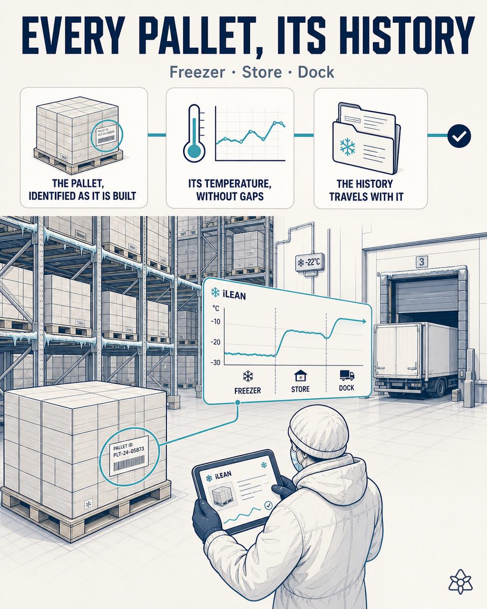 -25°C freezing cold store with labeled pallets, IoT sensors on the ceiling and in the aisles, and a forklift operator with a terminal showing the thermal history per pallet — iLEAN