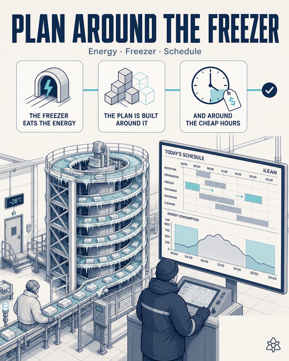 Production plan for a frozen food plant with the freezing tunnel at full load concentrated in the cheap energy bands and packing planned separately