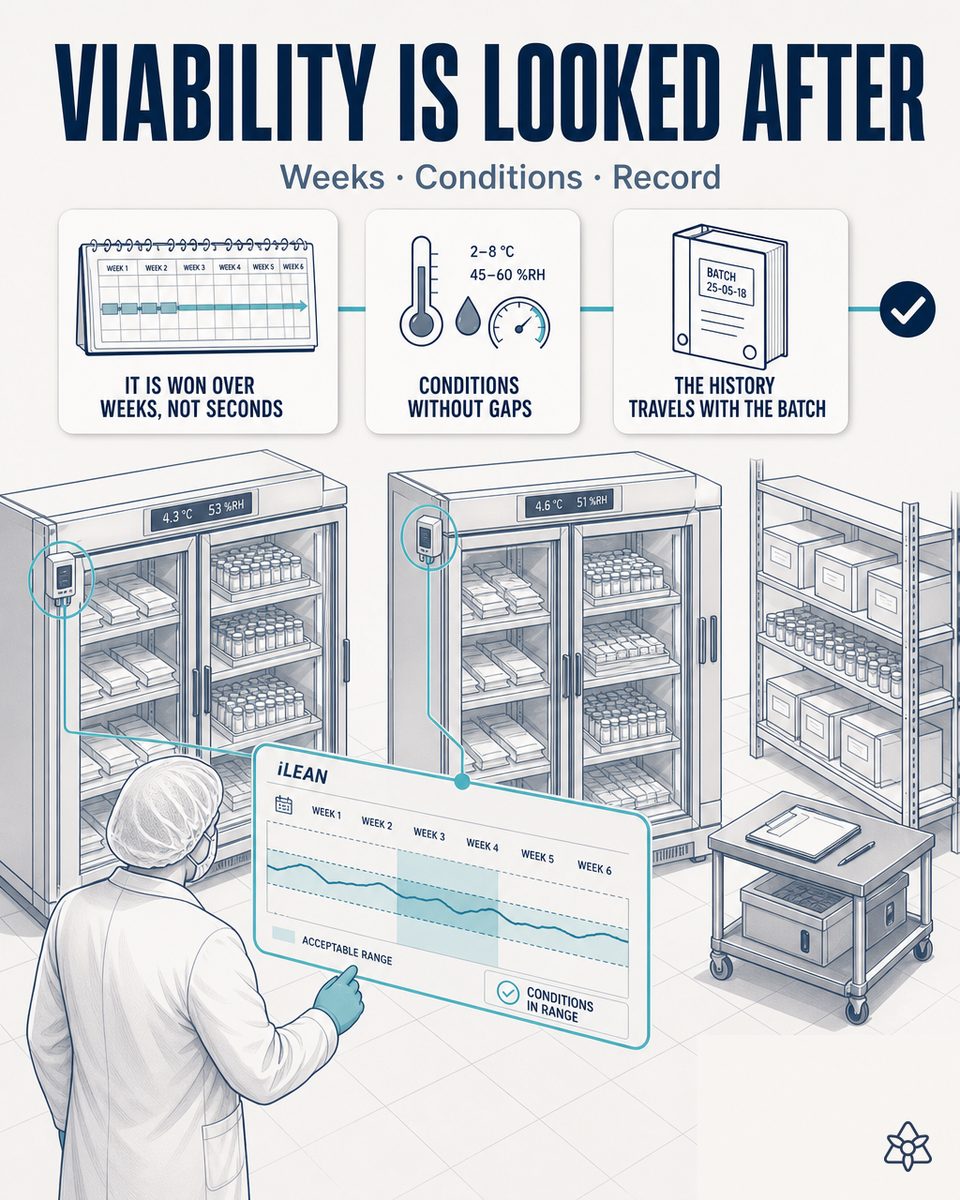 Functional ingredient blending room with temperature probes and an iLEAN terminal pulling in cold chain data — probiotic and prebiotic quality