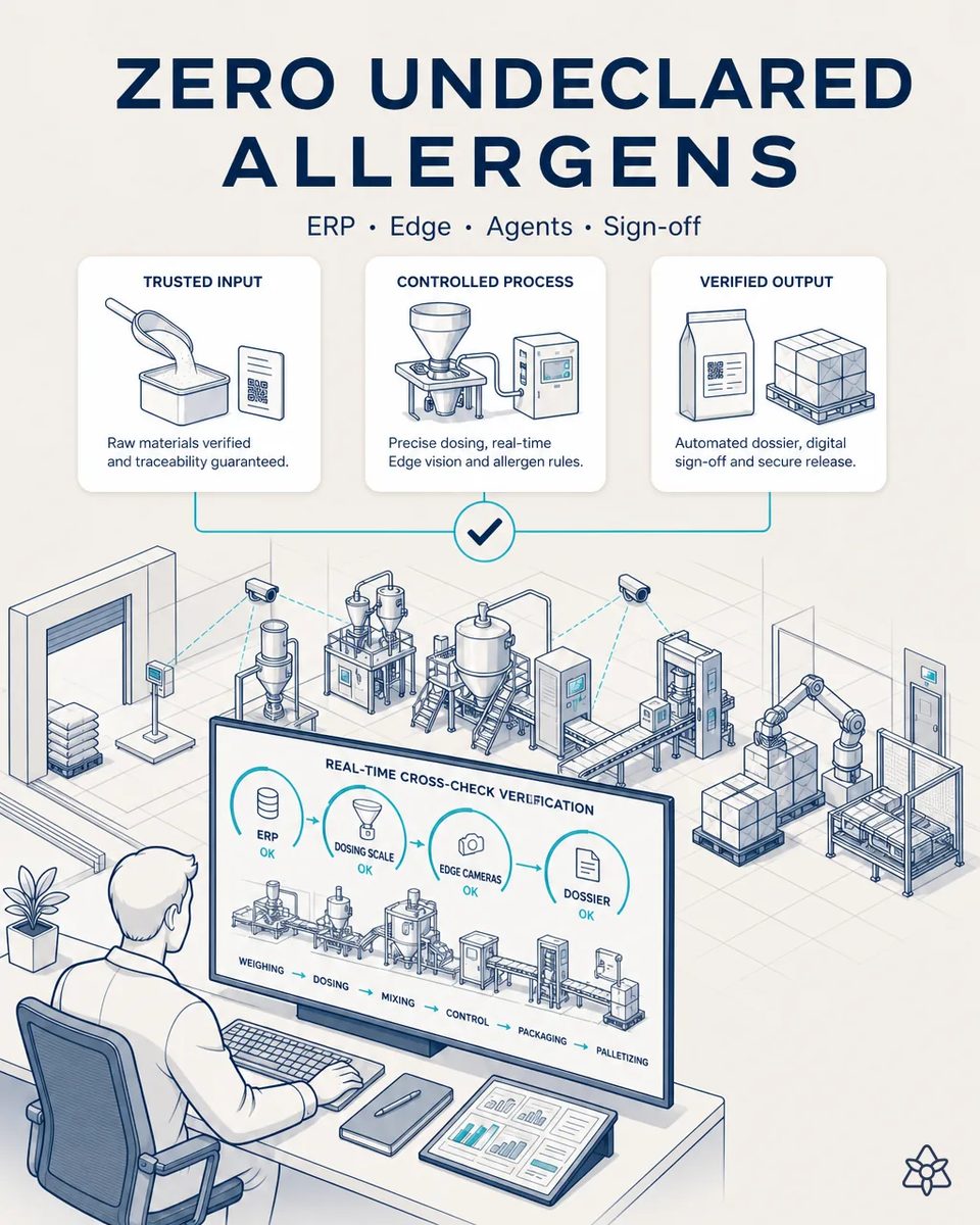 Engineer at a desk following a real-time cross-check screen where the ERP, dosing scale, Edge cameras and dossier all show OK, above a plant line running from weighing and mixing to packing and robot palletizing