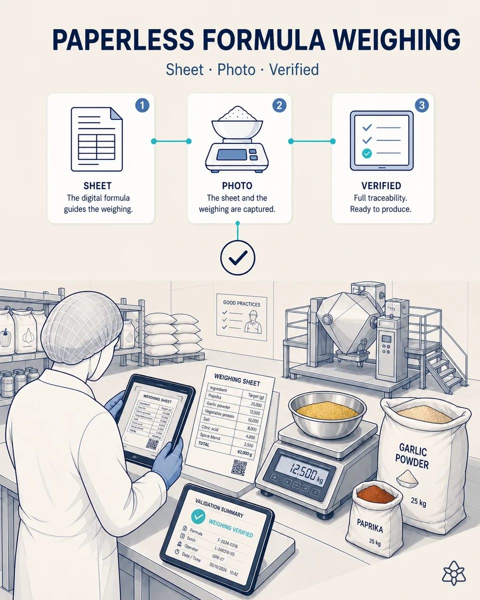 Weighing operator in a hairnet and blue gloves holding a tablet next to a printed weighing sheet and a bench scale, with sacks of garlic powder and paprika and a double-cone blender behind