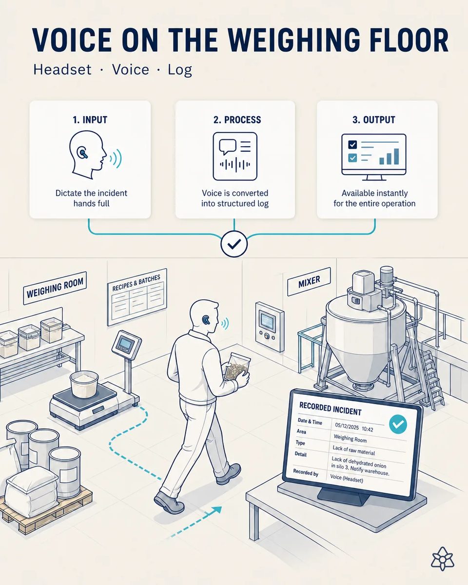 Production supervisor wearing a Bluetooth earpiece and carrying a sample bag walks from the weighing room scale toward the mixer, while a screen shows an incident logged by voice about a raw material shortage
