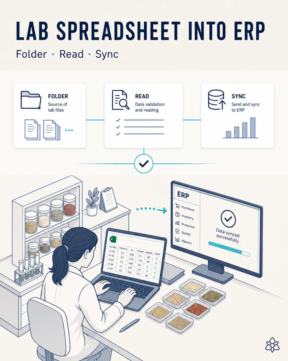Lab technician entering moisture, water activity and protein results into a spreadsheet beside sample trays of powders and shelves of jars, while a second monitor shows the results synced to the ERP