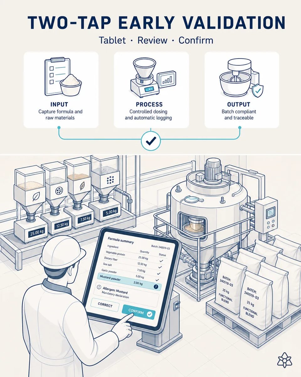 Operator pressing Confirm on a floor tablet that shows a formula summary with mustard powder highlighted as a mandatory allergen declaration, beside four dosing hoppers, a mixer and pallets of functional blend bags