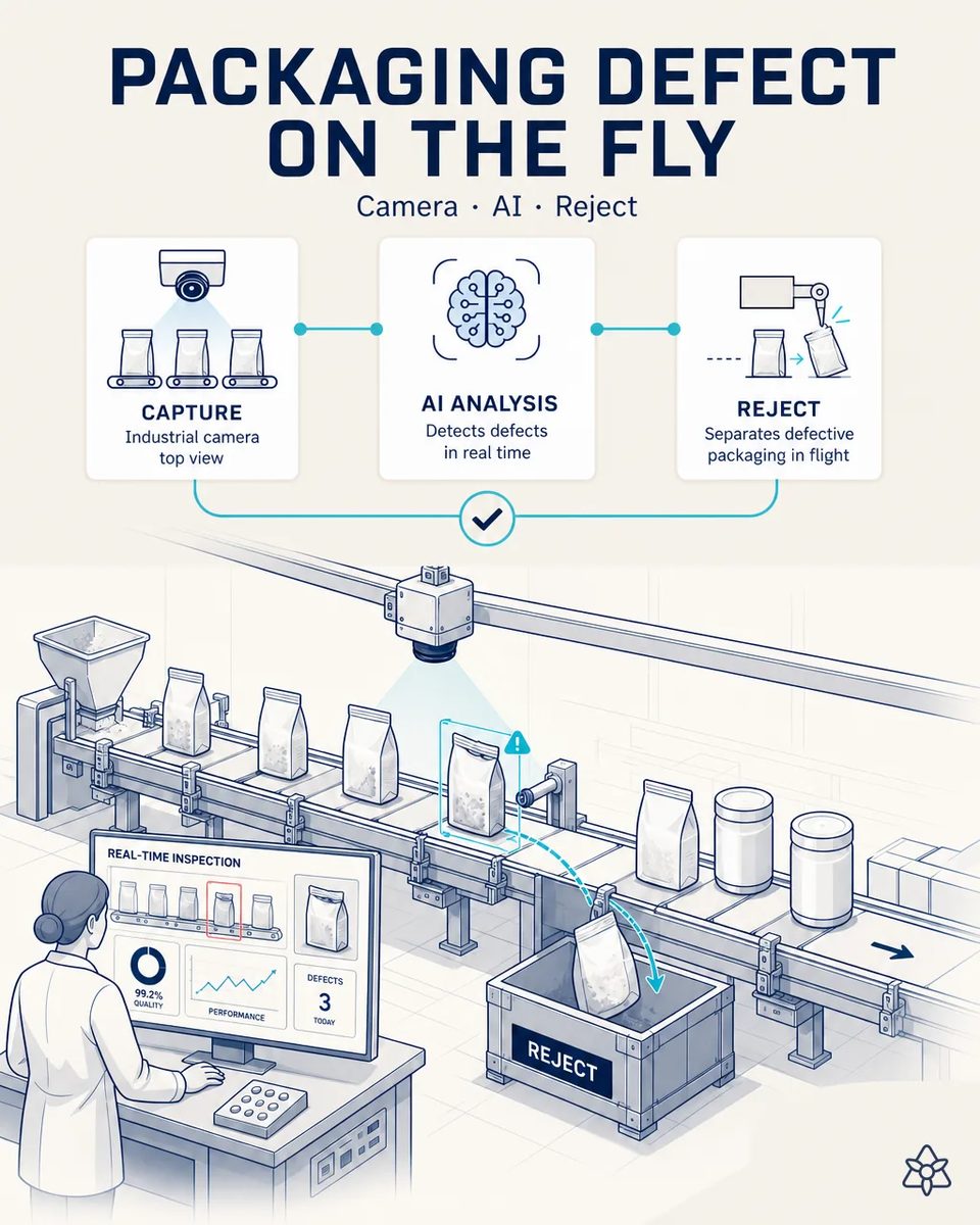 Overhead camera above a packing conveyor of stand-up pouches and jars, with one pouch flagged and pushed into a reject bin while a technician follows the real-time inspection screen