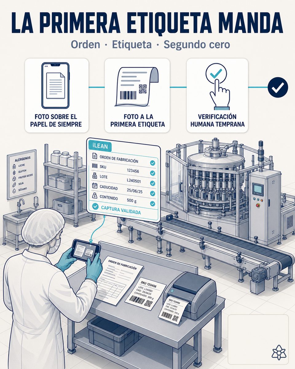 Operario de planta alimentaria fotografiando con el móvil la Orden de Producción en papel y la primera etiqueta de un lote de producto al arranque — Connect digitaliza ambas en el momento