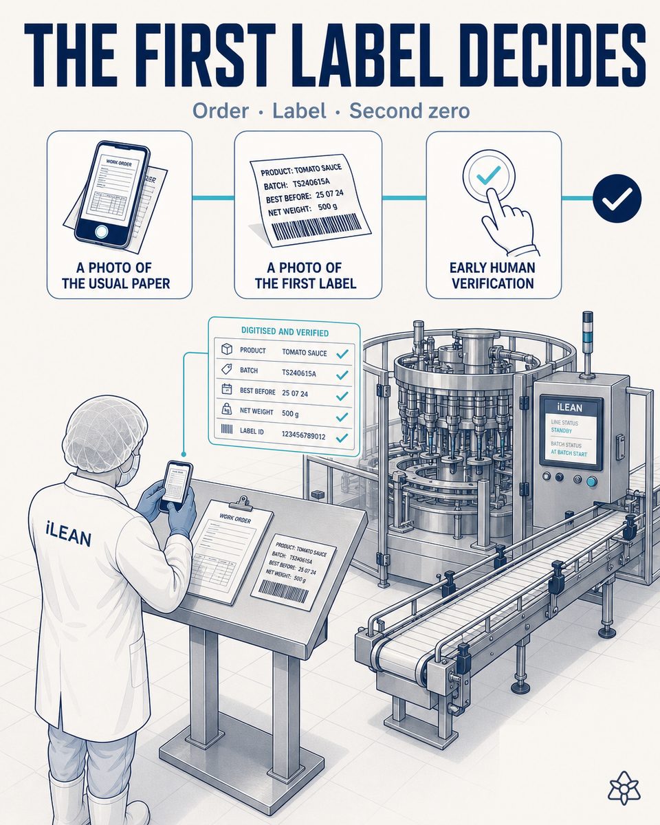 Food plant operator photographing the paper production order and the first label of a product batch at startup with a phone — Connect digitizes both on the spot