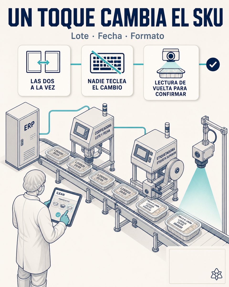 Codificadora Markem-Imaje sobre línea de envasado de productos alimentarios, integrada con ERP vía iLEAN Connect — sin tecleo manual del operario