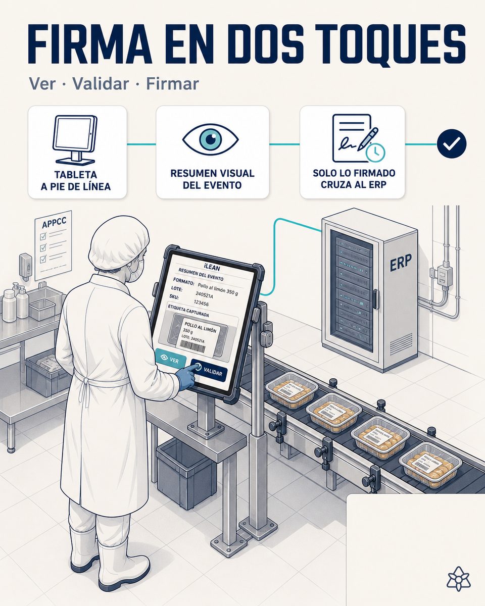 Tableta industrial colgada en la línea de envasado de productos alimentarios, operario validando con guante una captura de iLEAN Connect — verificación humana temprana