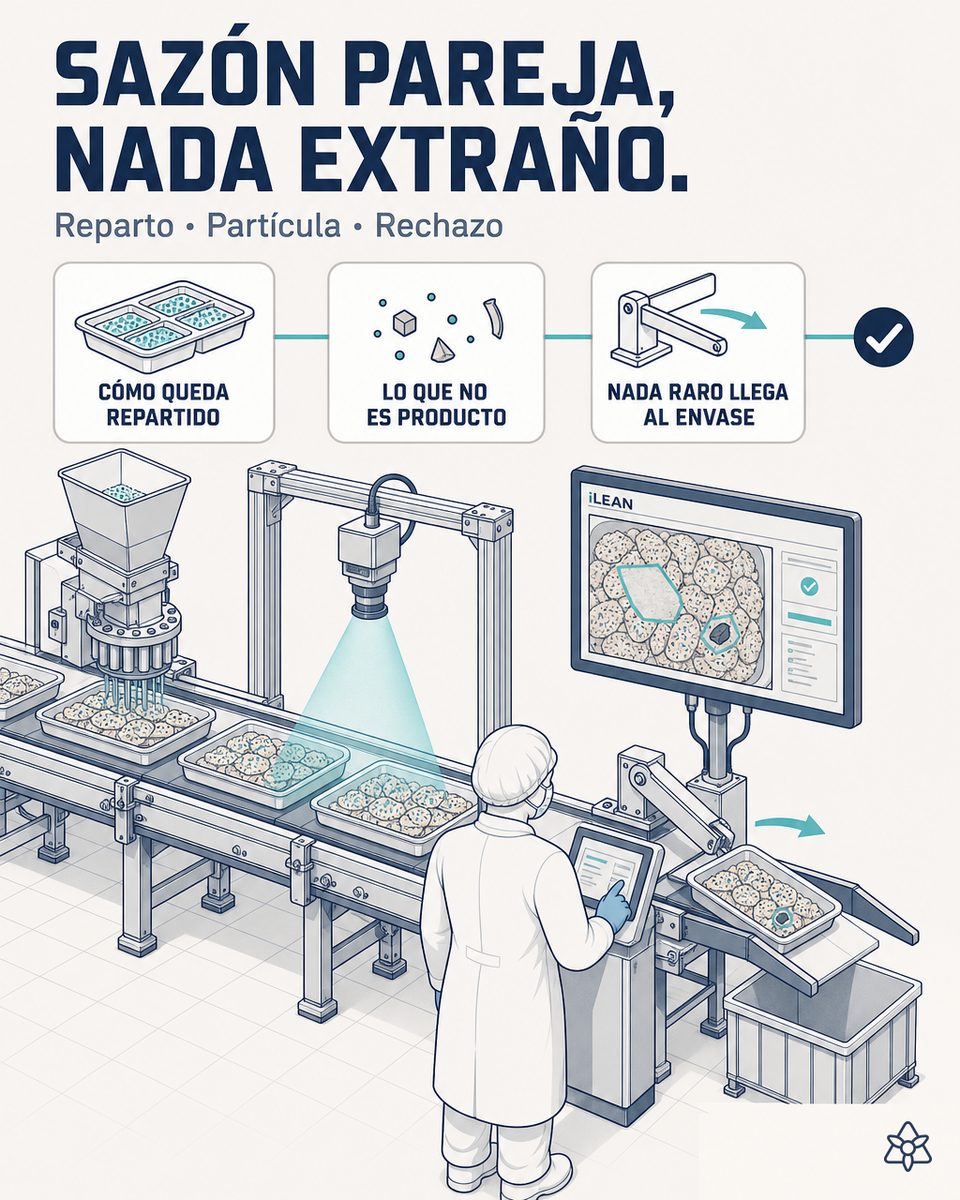 Línea de productos alimentarios a la salida del horno con cámara Edge midiendo la sazón de sal y sésamo, y un detector de metal integrado antes del envasado