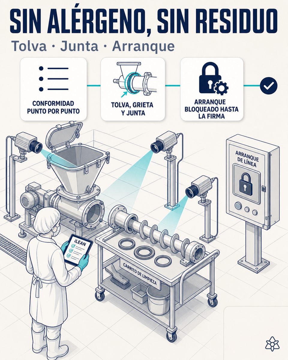 Cámara Edge inspeccionando la tolva y la cinta de una línea de productos alimentarios tras la limpieza entre lote con gluten y lote sin gluten — visión IA validando la liberación