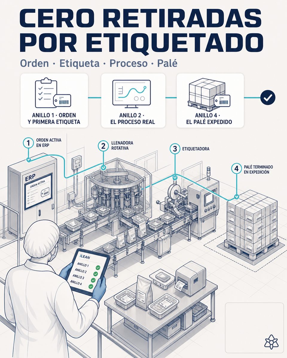 Línea de envasado de productos alimentarios con cámara Edge sobre la etiqueta y la codificadora, operario con auricular y asistente personal iLEAN — sistema agéntico de etiquetado para cero retiradas