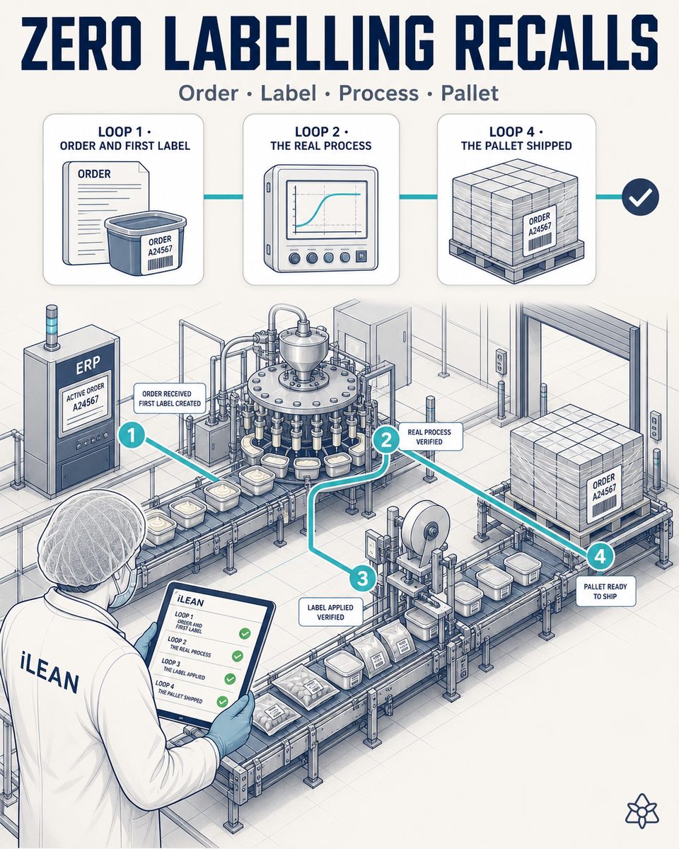 Food packing line with an Edge camera over the label and the coder, an operator with an earpiece and an iLEAN personal assistant — agentic labeling system for zero recalls