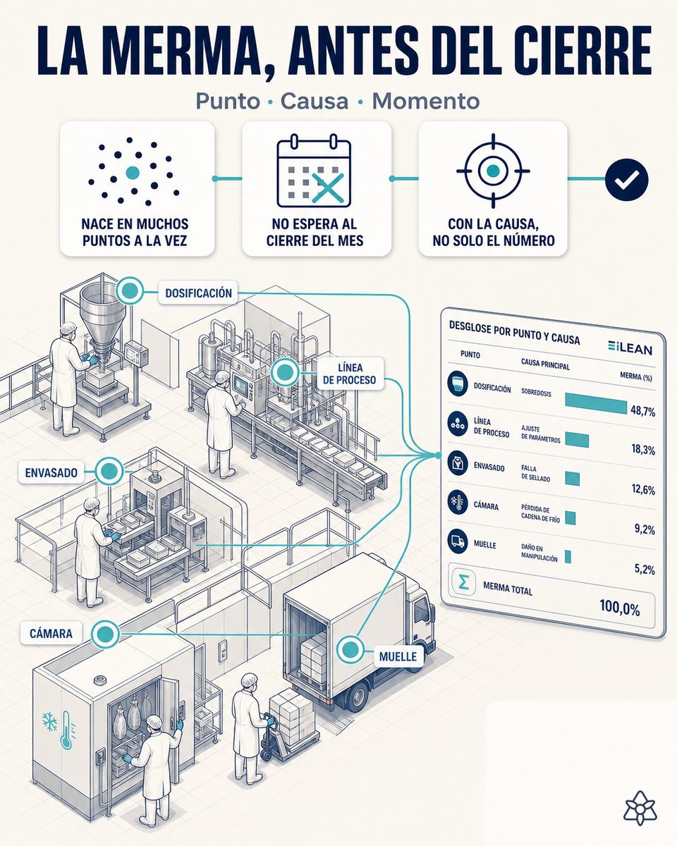 Operario de planta alimentaria registrando por voz los kilos de recorte junto a una báscula conectada — gestión de mermas y food waste con IA de iLEAN