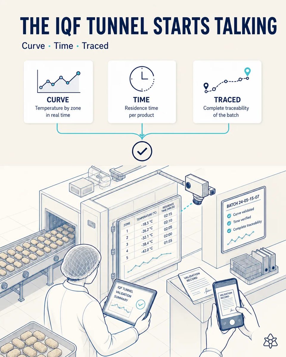 Fixed camera aimed at the IQF freezing tunnel panel showing temperature by zone and residence time, with a tray of breaded croquettes entering on the conveyor and an operator holding a tablet with the validation summary