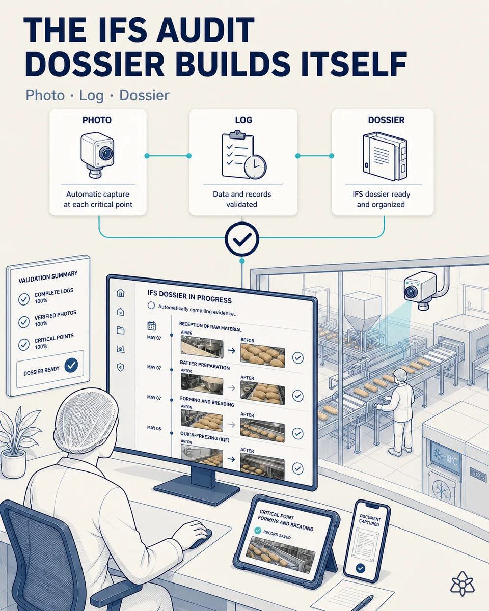 Quality manager at a desk reviewing on screen an IFS dossier assembling itself, with before and after photos of raw material reception, batter preparation, forming and breading and IQF freezing, each with a validation tick