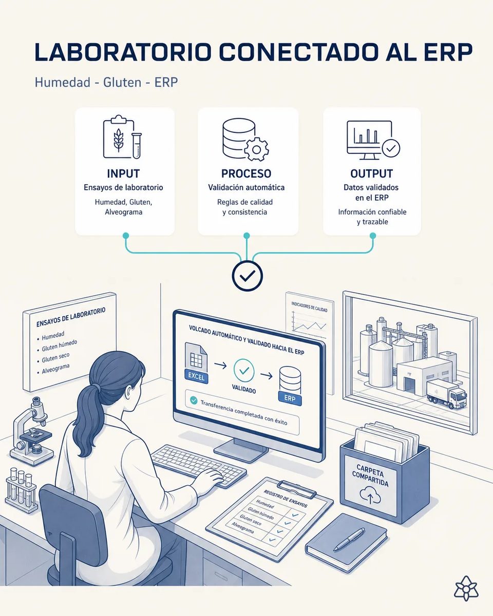 Técnica de laboratorio de un molino ante una pantalla que muestra el volcado validado del Excel al ERP, con la lista de ensayos de humedad, gluten húmedo, gluten seco y alveograma y un microscopio en la mesa