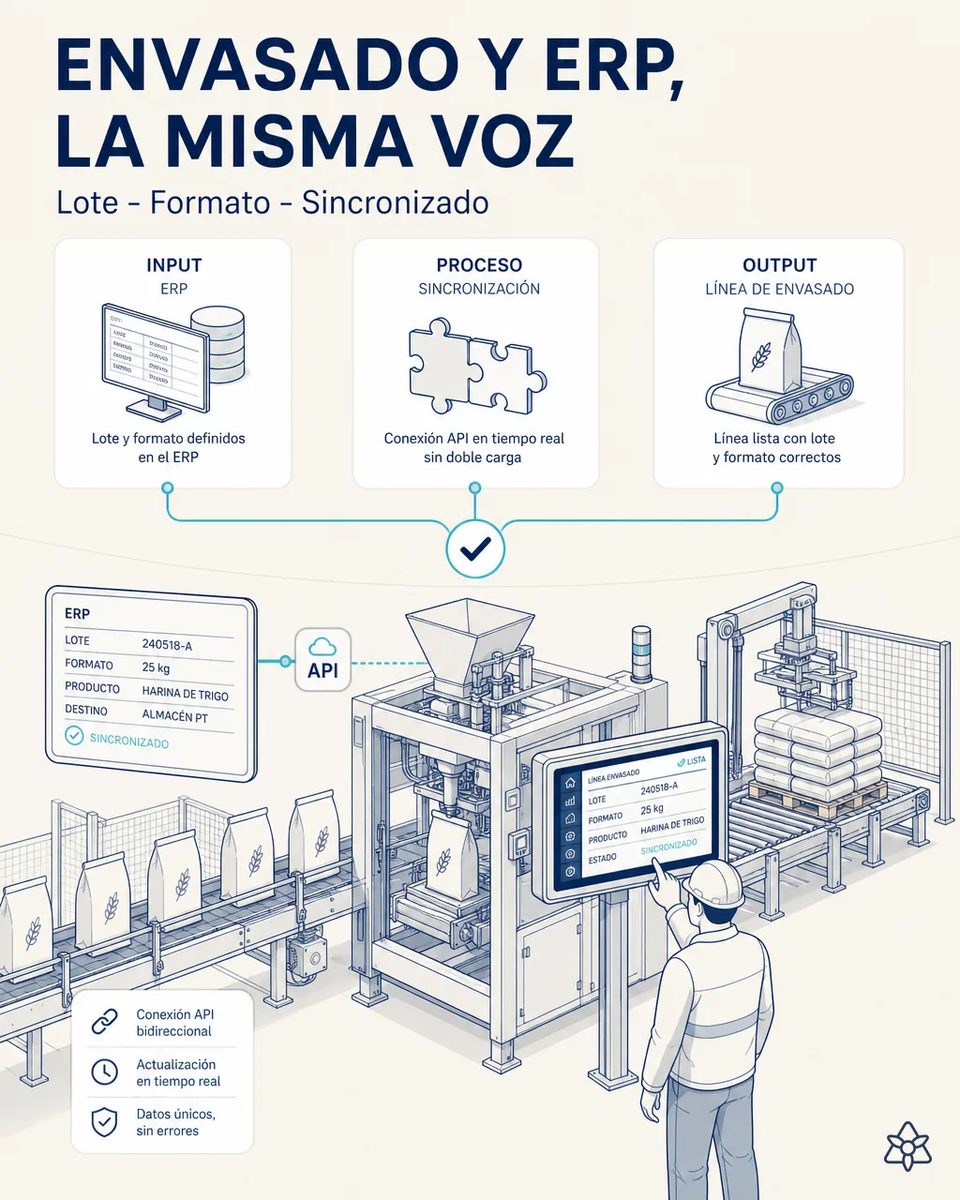 Operario ante el panel táctil de una ensacadora de harina de trigo de 25 kg sincronizado con el ERP por API, con sacos en la cinta y un robot paletizador al fondo