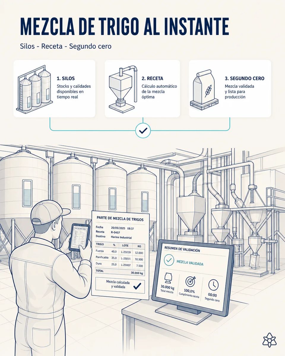 Molinero fotografiando con una tableta el parte de mezcla de trigos frente a una batería de silos, con la tolva de mezcla al fondo y una pantalla que muestra la mezcla validada de 30.000 kg